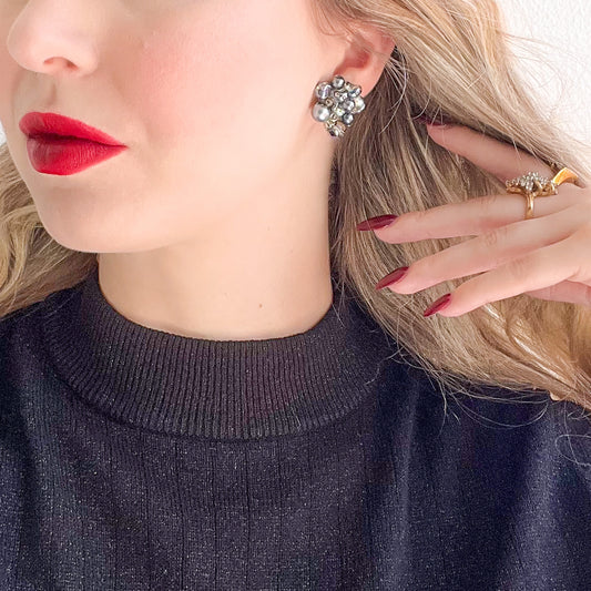 1980s Gray Pearlescent Beaded Cluster Earrings