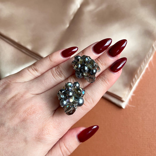 1980s Gray Pearlescent Beaded Cluster Earrings