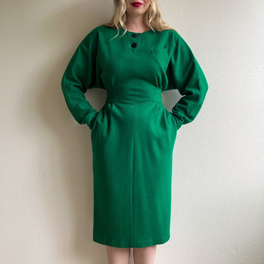 1980s Pine Green Wool Dress With Pockets (M/L)
