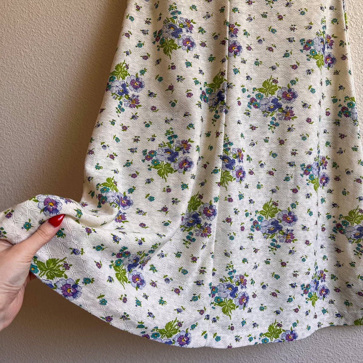 1980s Sheer Ivory Knit Dress With Purple Florals (S)