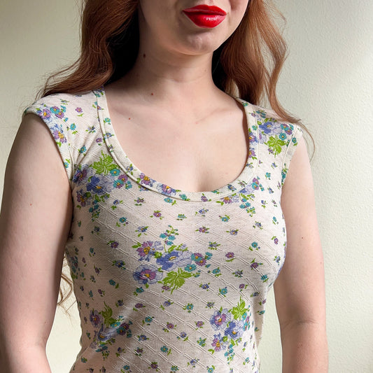 1980s Sheer Ivory Knit Dress With Purple Florals (S)