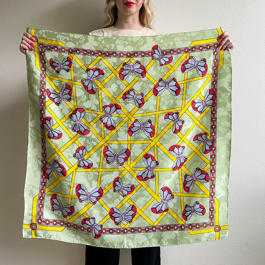 1980s Dominique Arpels Green and Lilac Butterflies Silk Scarf
