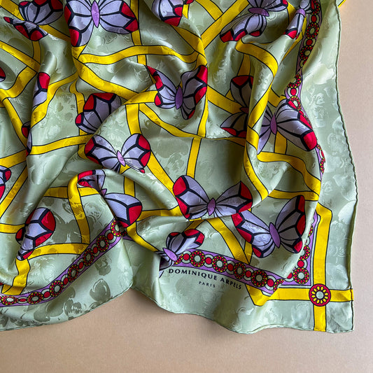 1980s Dominique Arpels Green and Lilac Butterflies Silk Scarf