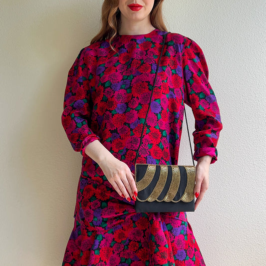 1980s Mervyn's Black Evening Bag With Gold Beading