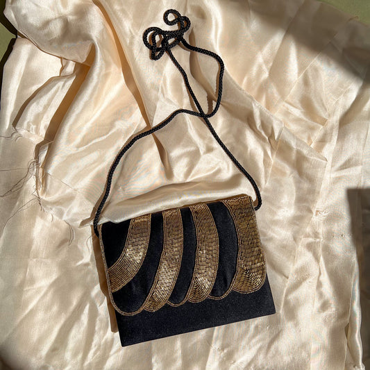 1980s Mervyn's Black Evening Bag With Gold Beading