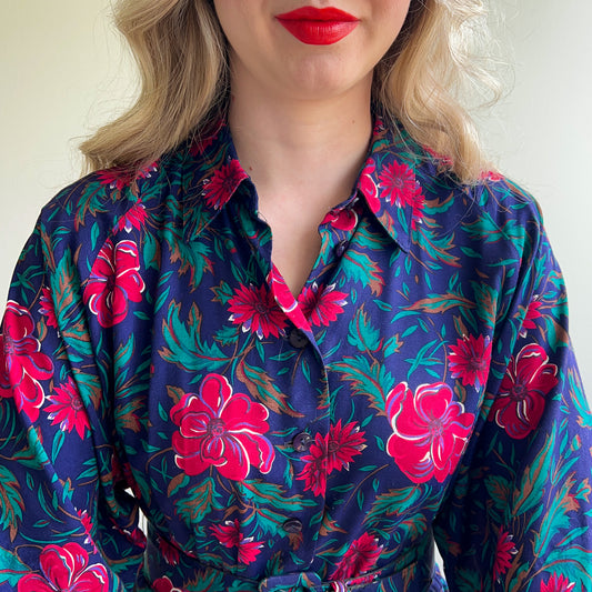 1980s Belted Navy Midi Dress With Red Floral Print (M/L)
