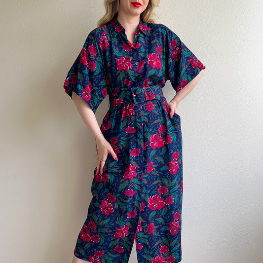 1980s Belted Navy Midi Dress With Red Floral Print (M/L)