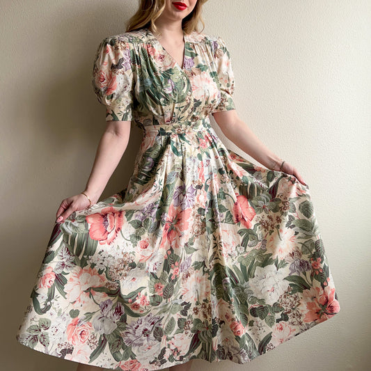 Adorable 1980s Pastel Florals Buttoned Midi Dress (S)