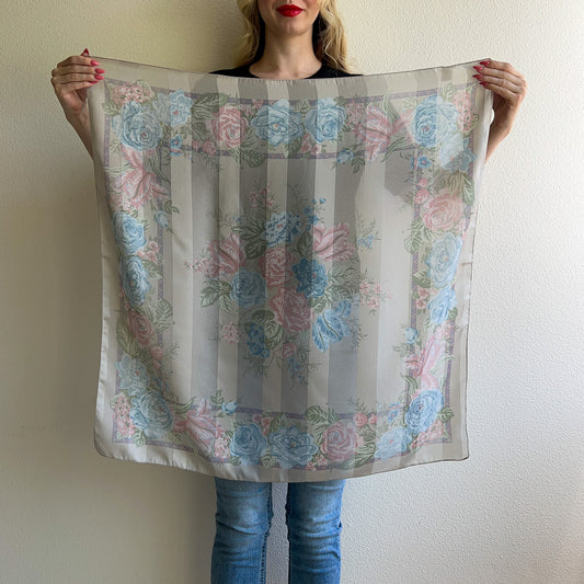 1980s Pastel Roses Sheer Gray Scarf