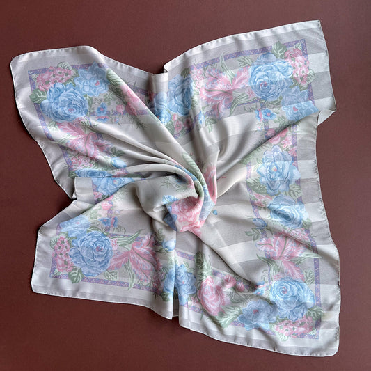1980s Pastel Roses Sheer Gray Scarf