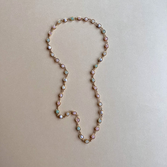 1980s Pale Pink and Green Beaded Gold Necklace