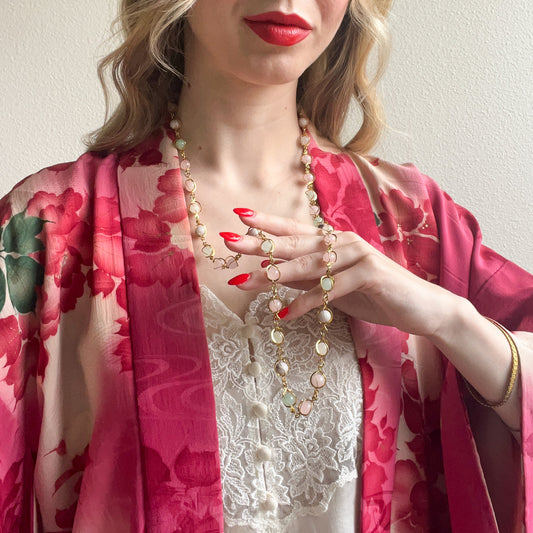 1980s Pale Pink and Green Beaded Gold Necklace