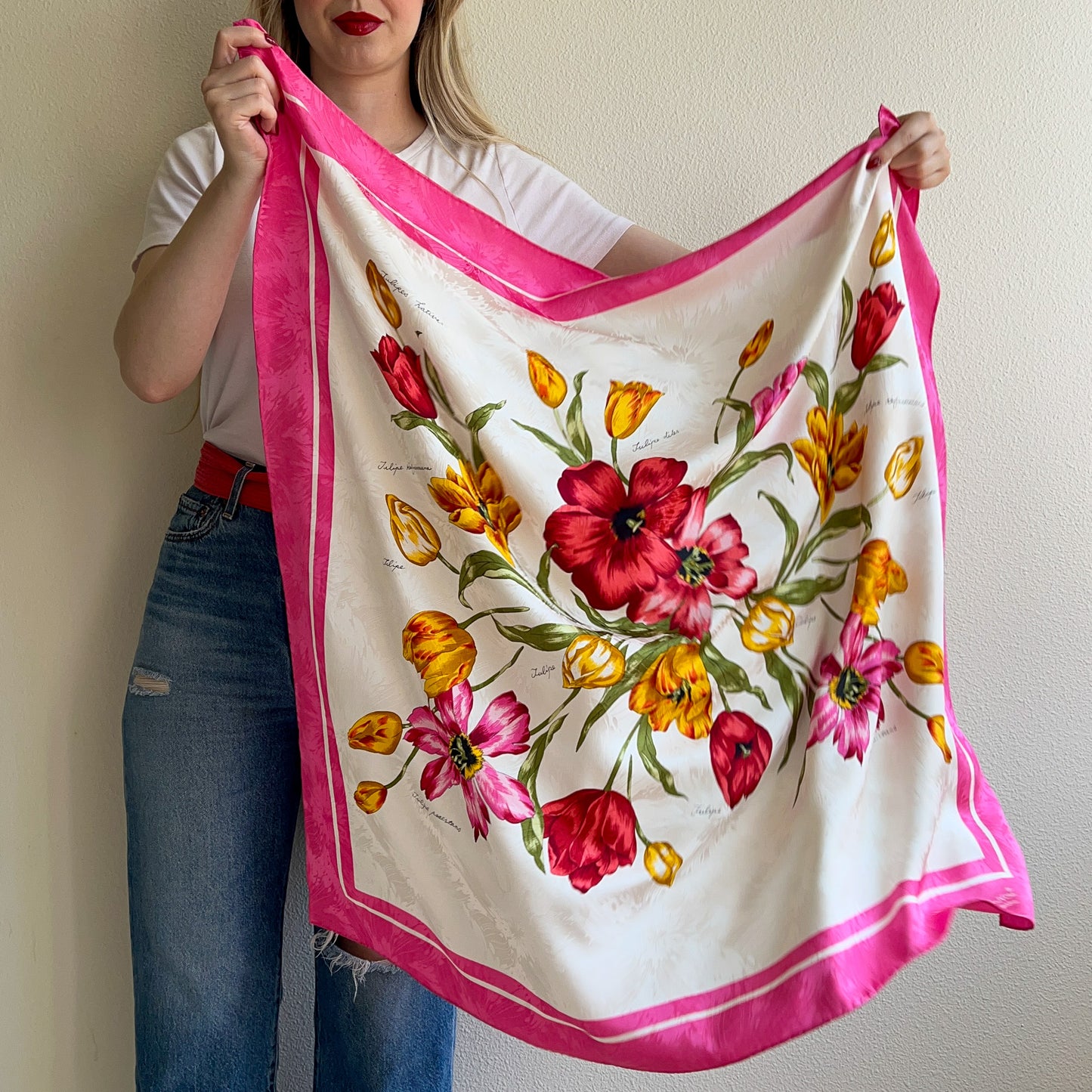 1980s Ivory Silk Jacquard Scarf With Pink Tulips