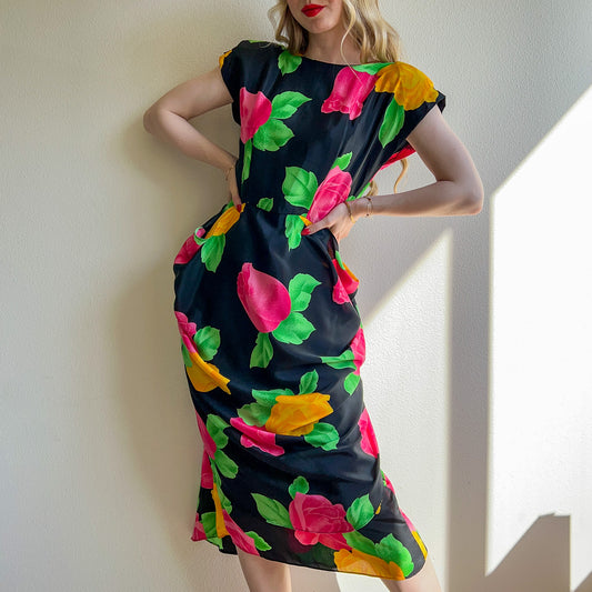 Gorgeous 1980s Pink and Yellow Roses Cocktail Dress (S/M)