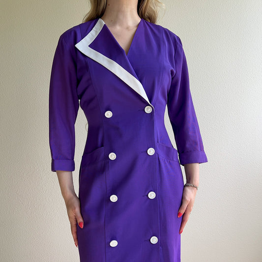 1980s Dark Purple Double Breasted Dress With White Buttons (S/M)