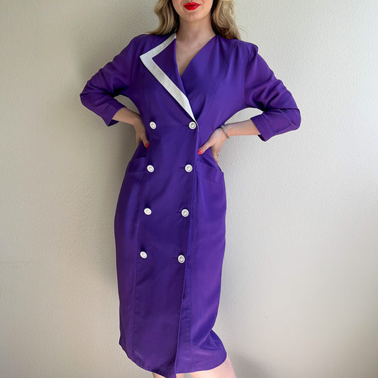 1980s Dark Purple Double Breasted Dress With White Buttons (S/M)