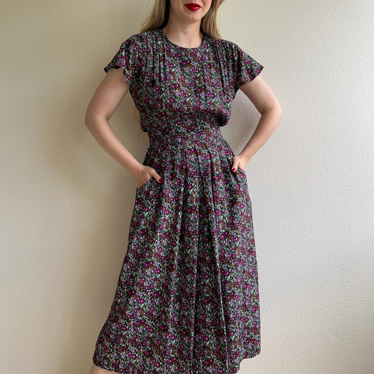 1980s Purple Floral Print Dress With Pockets (S/M)
