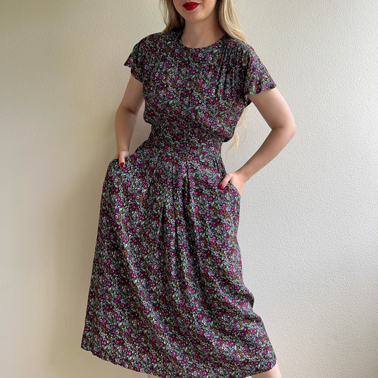 1980s Purple Floral Print Dress With Pockets (S/M)