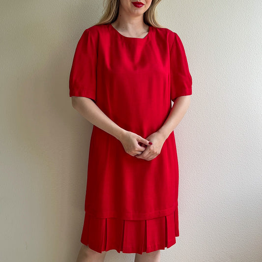 1980s Bright Red Dress With Pleated Flounce Hemline (L)