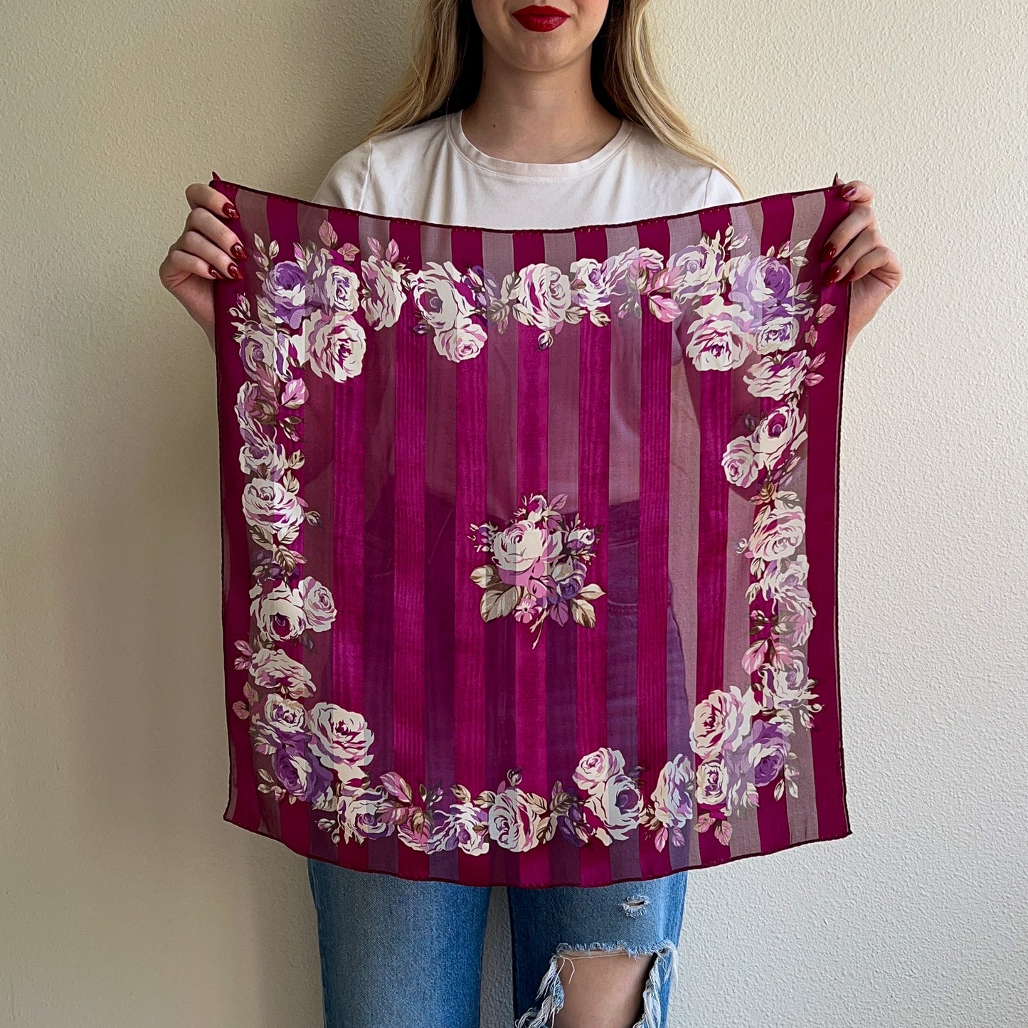 1980s Small Purple Scarf With Roses