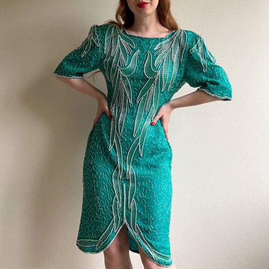 1980s Teal Silk Party Dress With Beading (M)