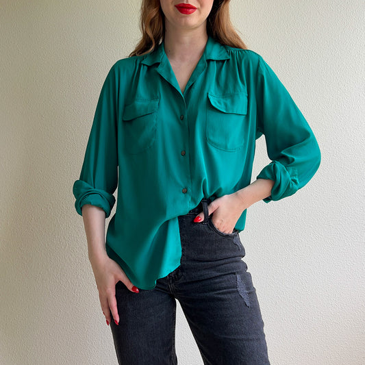 1980s Teal Buttoned Blouse With Pockets (M/L)