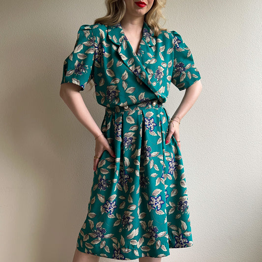 1980s Teal Dress Gray Leaf Print (L)