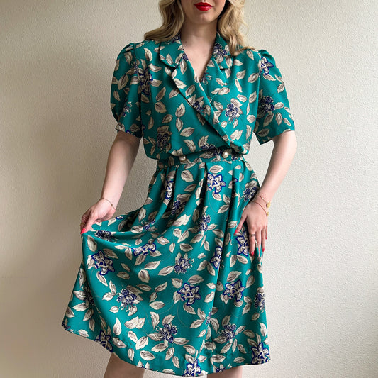 1980s Teal Dress Gray Leaf Print (L)