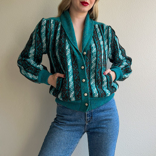 1980s Teal Pattern Cardigan With Iridescent Threads (M/L)