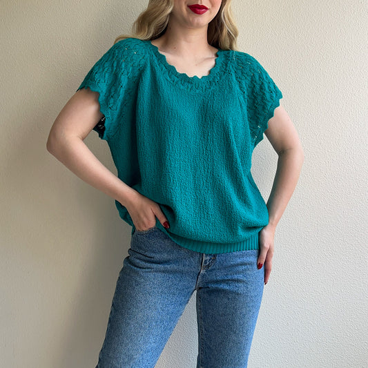1980s Teal Short Sleeve Sweater With Crochet Details (L/XL)
