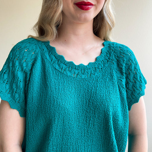 1980s Teal Short Sleeve Sweater With Crochet Details (L/XL)