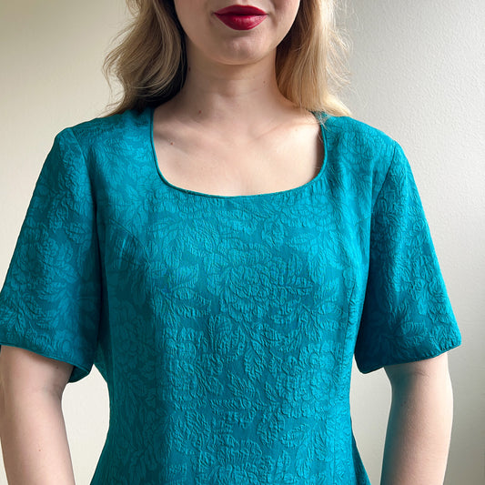 1980s Teal Silk Jacquard Dress With Short Sleeves (L/XL)