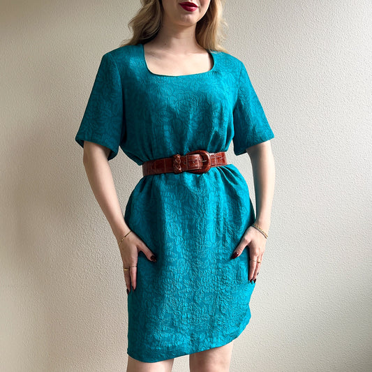 1980s Teal Silk Jacquard Dress With Short Sleeves (L/XL)