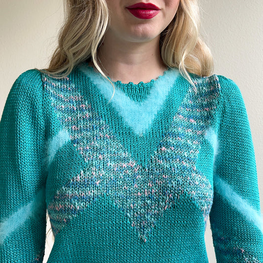 1980s Turquoise Fuzzy Knit Sweater (S/M)