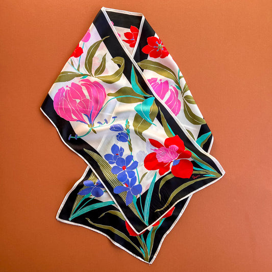 1980s Vera Silk Scarf With Red and Purple Florals