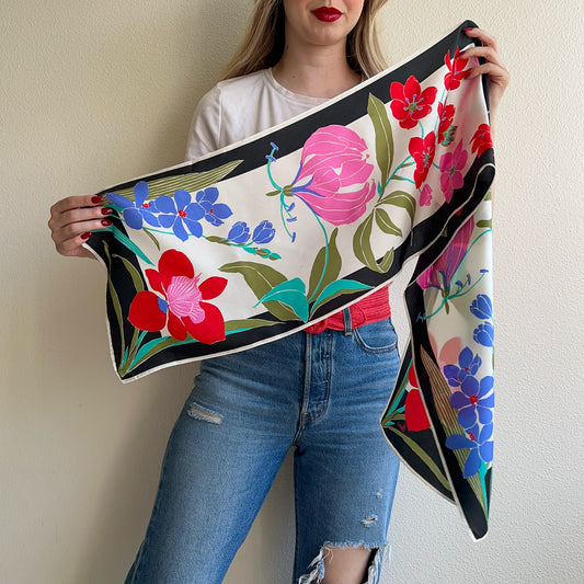 1980s Vera Silk Scarf With Red and Purple Florals