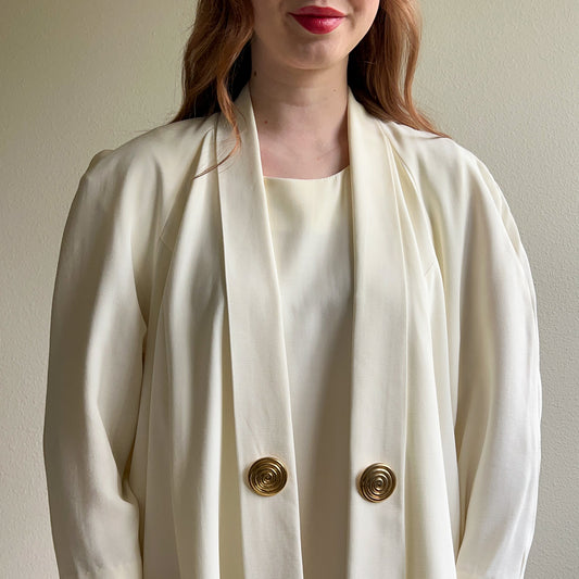 1980s White Dress and Jacket Set With Gold Buttons (L/XL)