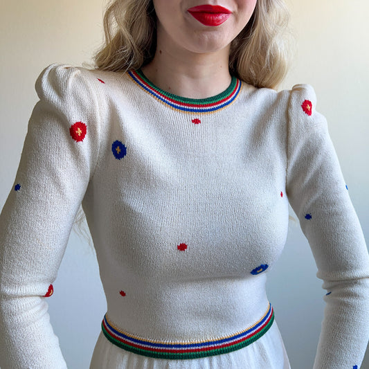 1980s Ivory Sweater Dress With Red and Blue Appliqué (XS/S)