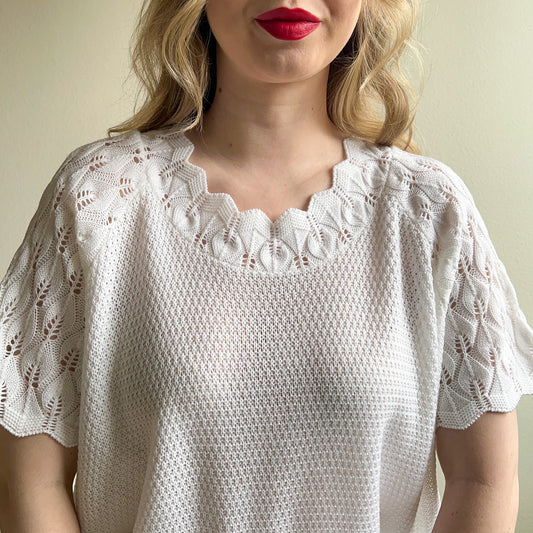 1980s White Knit Short Sleeve Sweater (L/XL)