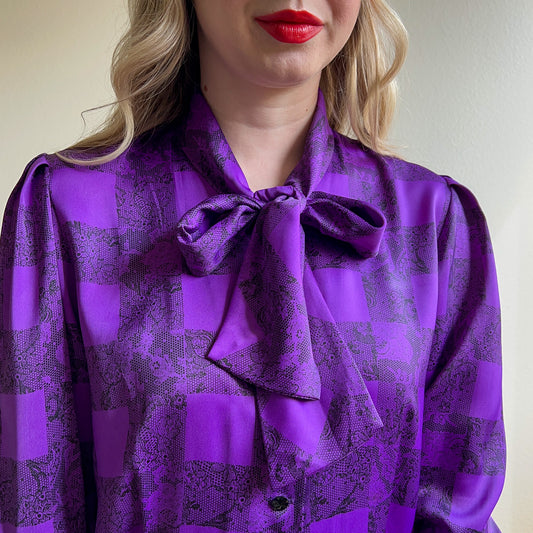 1990s Balmain Purple and Black Satin Blouse (S/M)