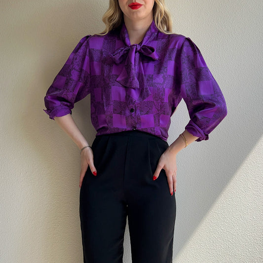 1990s Balmain Purple and Black Satin Blouse (S/M)