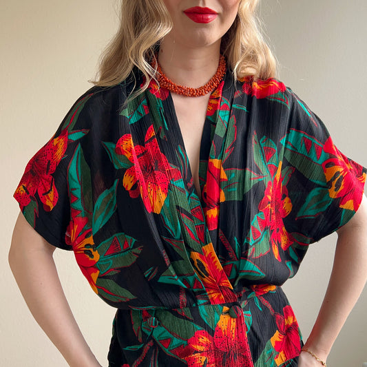 Darling 1990s Black Dress With Hibiscus Print (L)