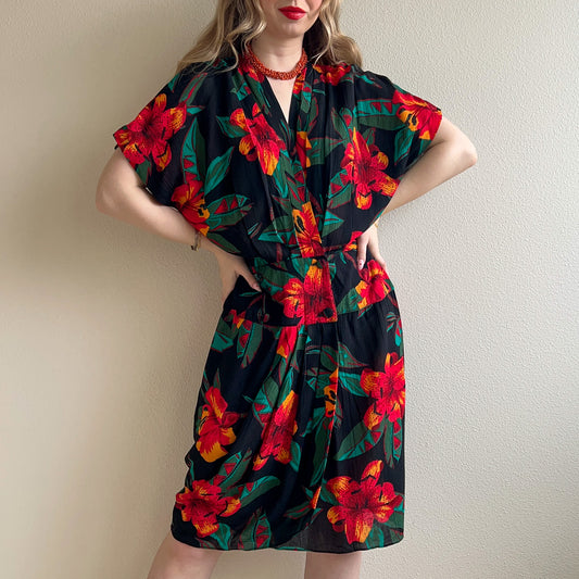 Darling 1990s Black Dress With Hibiscus Print (L)