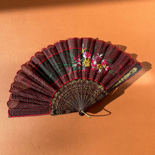 1990s Black Hand Fan With Red Floral Embroidery