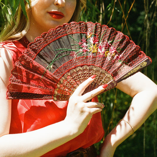 1990s Black Hand Fan With Red Floral Embroidery