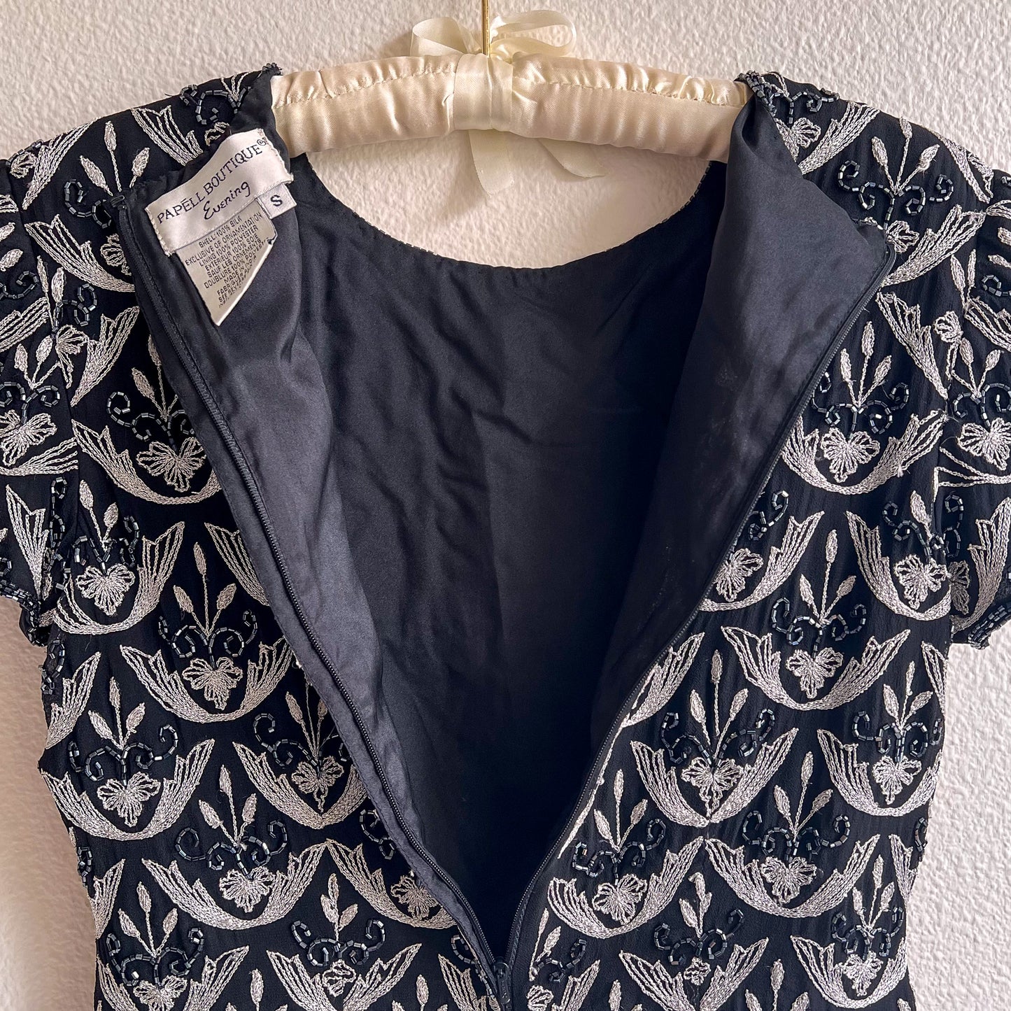 1990s Black Scalloped Blouse With Silver Embroidery (S)