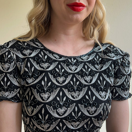 1990s Black Scalloped Blouse With Silver Embroidery (S)