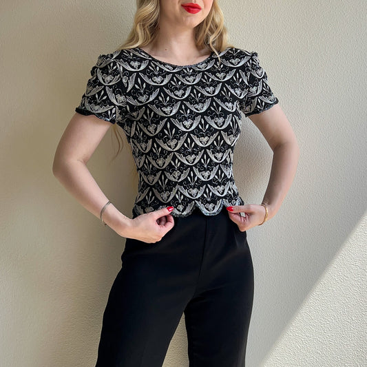 1990s Black Scalloped Blouse With Silver Embroidery (S)