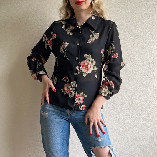 1990s Black Sheer Button Down With Red Florals (M/L)