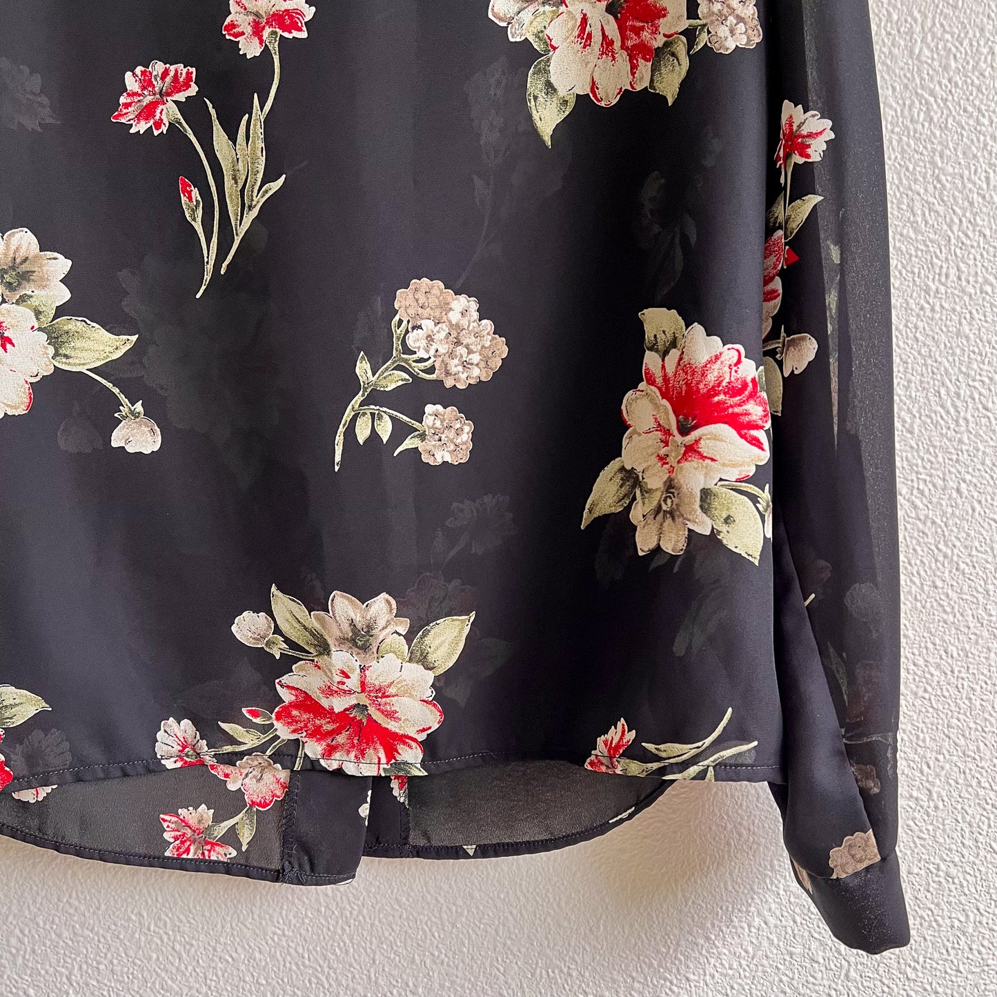 1990s Black Sheer Button Down With Red Florals (M/L)
